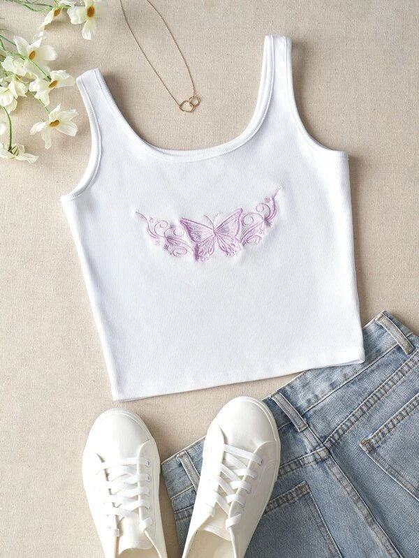Butterfly Embroidery Sleeveless Crop Top