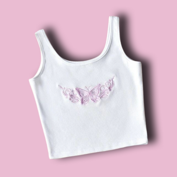 Butterfly Embroidery Sleeveless Crop Top
