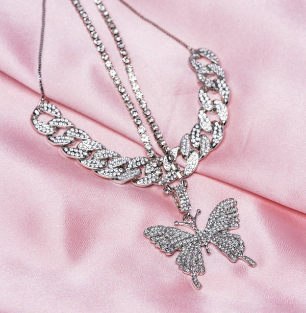 Y2K Iced Out Pink Butterfly Chain