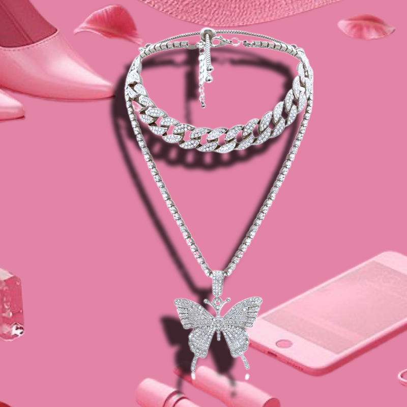 Y2K Iced Out Pink Butterfly Chain