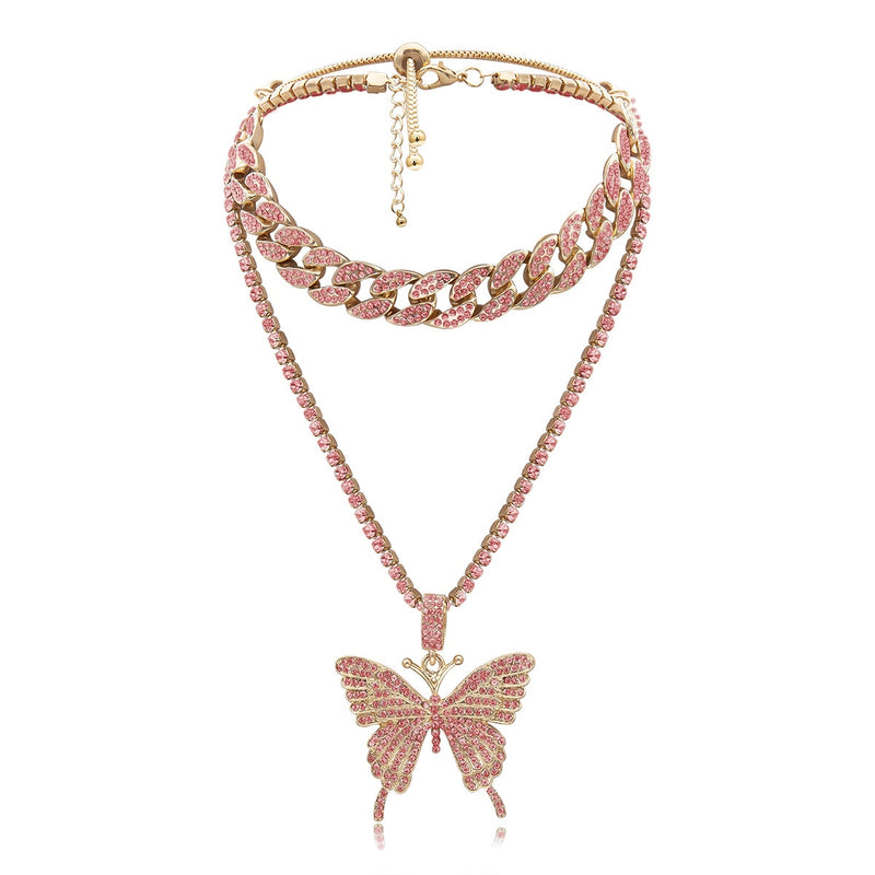 Y2K Iced Out Pink Butterfly Chain