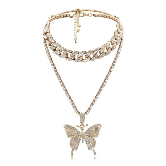 Y2K Iced Out Pink Butterfly Chain