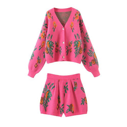 Floral Pink Knitted Cardigan 2-Piece Set